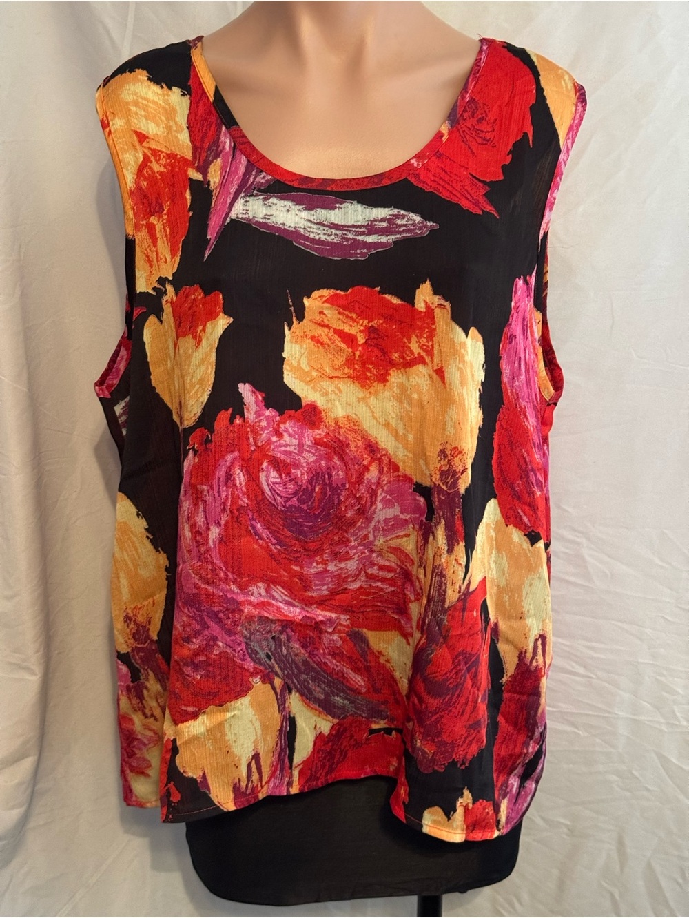 NorthStyle Black Top with Orange & Red Floral Accents